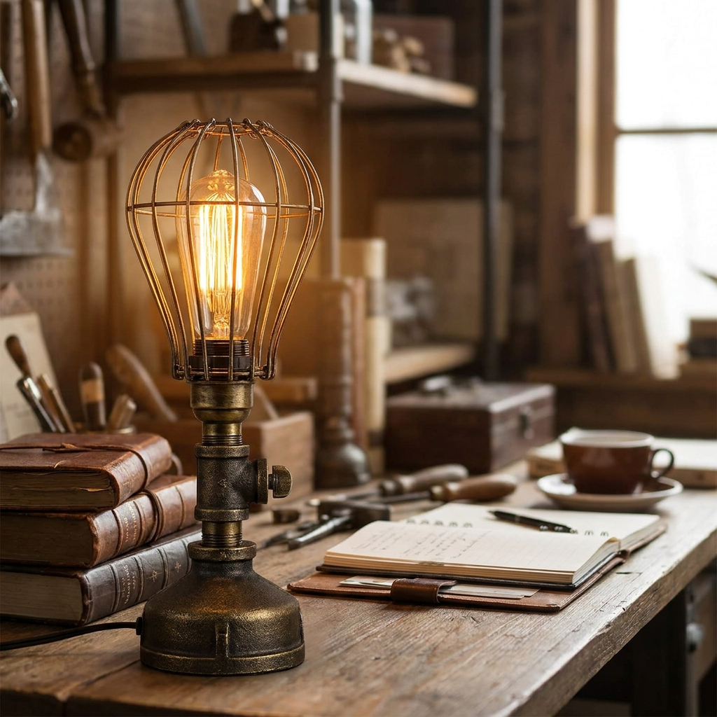 Industrial Edison Table Lamp | Vintage Antique Brass Iron Pipe Base, 3-Way Switch, Cage Shade