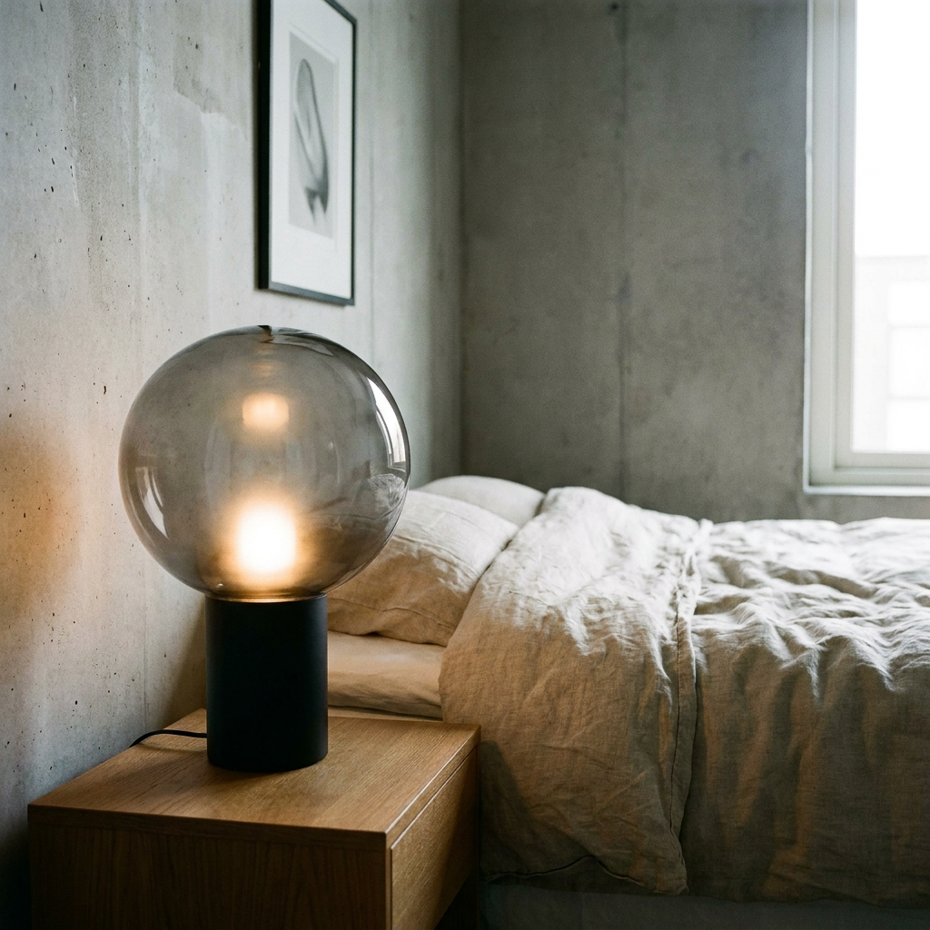 Smoked Glass Orb Table Lamp | Modern Dimmable Bedside Accent, Matte Black Base, 2 Sizes