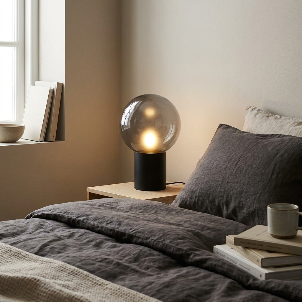 Smoked glass table lamp bedside dimmable – finish and material close-up