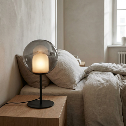Smoked Glass Orb Table Lamp | Modern Dimmable Bedside Accent, Matte Black Base, 2 Sizes
