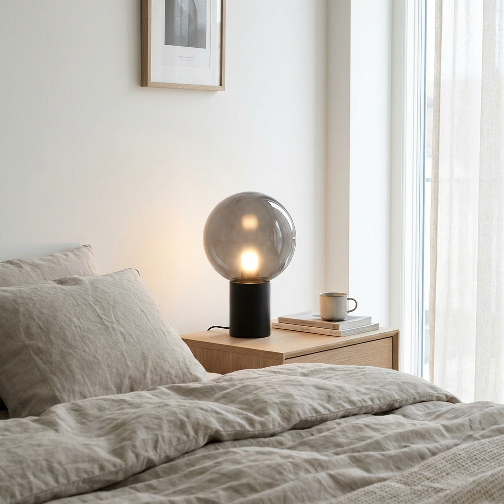 Modern smoked glass orb lamp bedside – scale and dimensions reference
