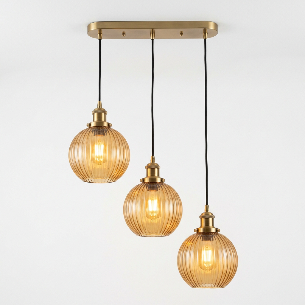 Amber Ribbed Glass Pendant Light for Kitchen Island | 3-Light Brushed Brass Ceiling Fixture
