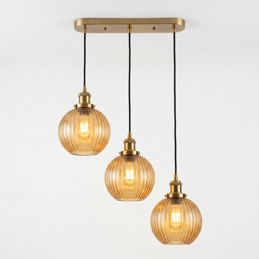 Amber Ribbed Glass Pendant Light for Kitchen Island | 3-Light Brushed Brass Ceiling Fixture