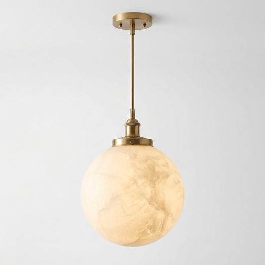 Alabaster Globe Pendant Light for Kitchen Island | Natural Stone Brushed Brass Ceiling Fixture