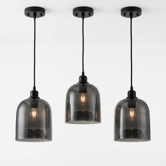 Smoked Glass Bell Pendant Light Set for Kitchen Island | 3-Pack Matte Black Modern Ceiling Fixture