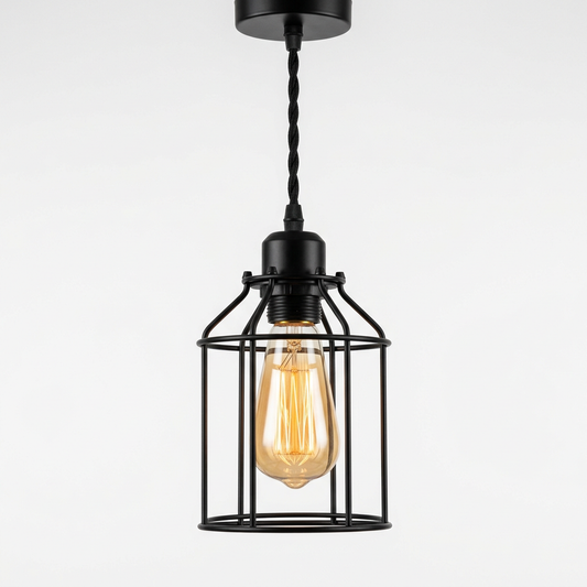 Industrial Cage Pendant Light for Kitchen Island & Bar | Black Metal Edison Ceiling Fixture