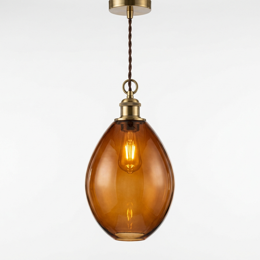 Hand-Blown Cognac Glass Pendant Light for Kitchen Island | Artisan Amber Brass Ceiling Fixture