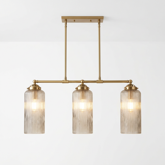 Ribbed Glass Linear Chandelier for Kitchen Island | 3-Light Brass Modern Ceiling Light Fixture