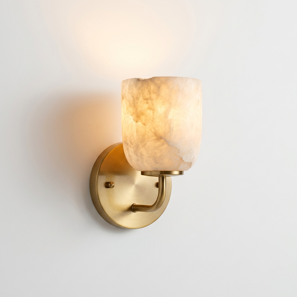 Alabaster Wall Sconce for Bedroom & Hallway | Brushed Brass Uplight Indoor Wall Light Fixture