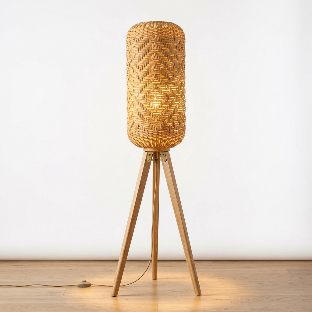 Woven Rattan Floor Lamp for Living Room & Bedroom | Boho Natural Tripod Standing Reading Light