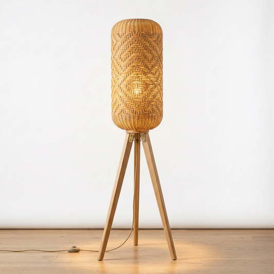 Woven Rattan Floor Lamp for Living Room & Bedroom | Boho Natural Tripod Standing Reading Light