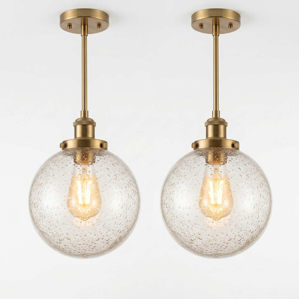 Seeded Glass Globe Pendant Lights for Kitchen Island | 2-Pack Brushed Brass Artisan Ceiling Fixture
