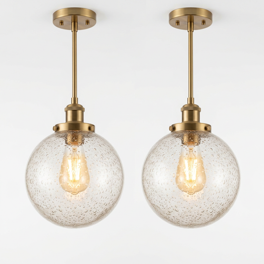 Seeded Glass Globe Pendant Lights for Kitchen Island | 2-Pack Brushed Brass Artisan Ceiling Fixture