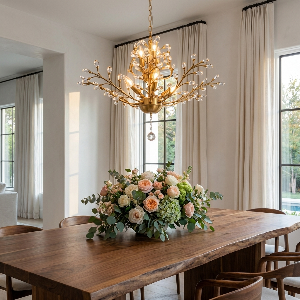Sculptural Branch Chandelier in luxury dining room with walnut table