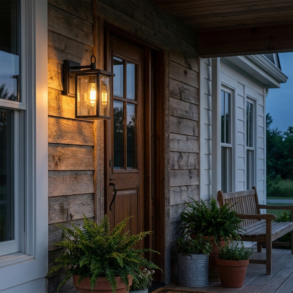 Farmhouse Wall Sconce on craftsman porch at dusk with Edison glow