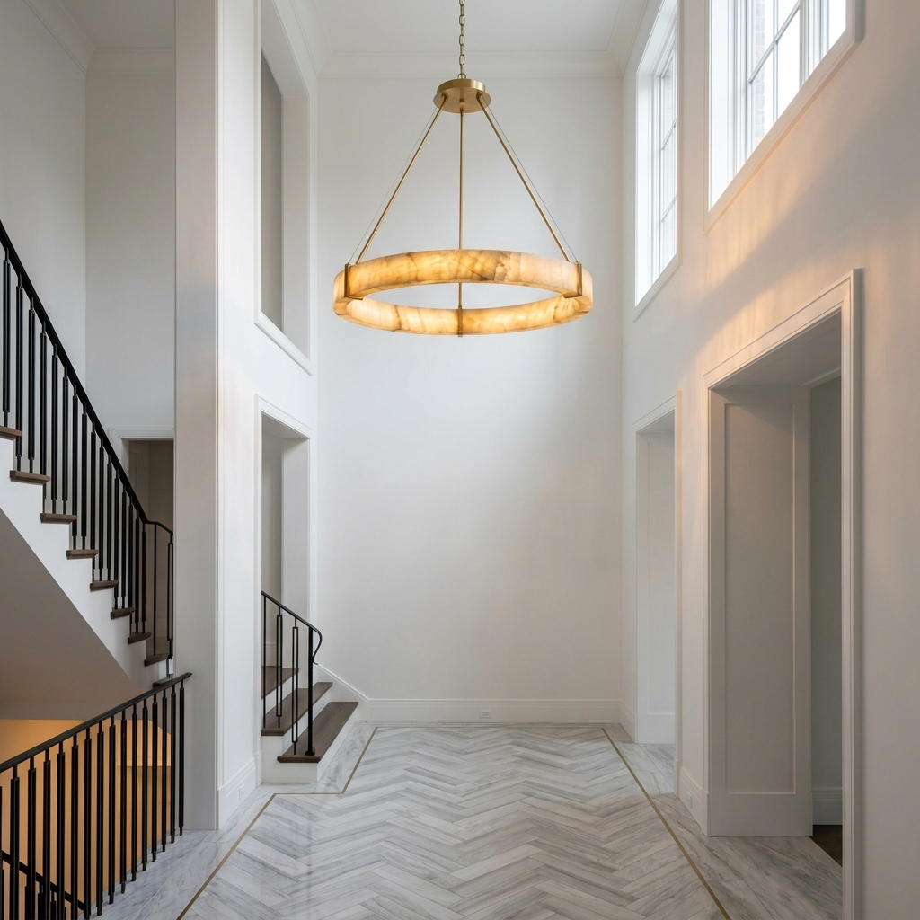 Alabaster Ring Chandelier in luxury two-story foyer