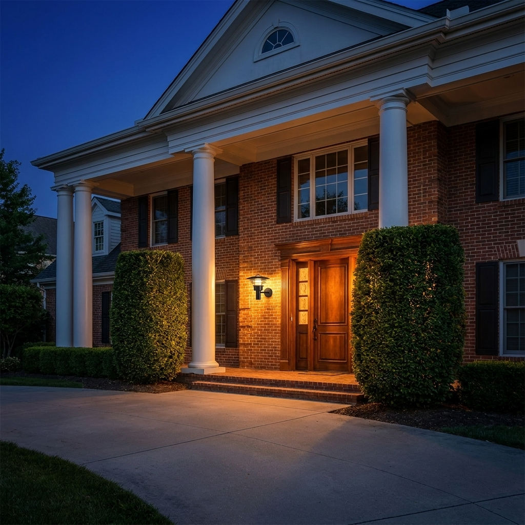 Farmhouse Wall Sconce on brick colonial home entrance at night