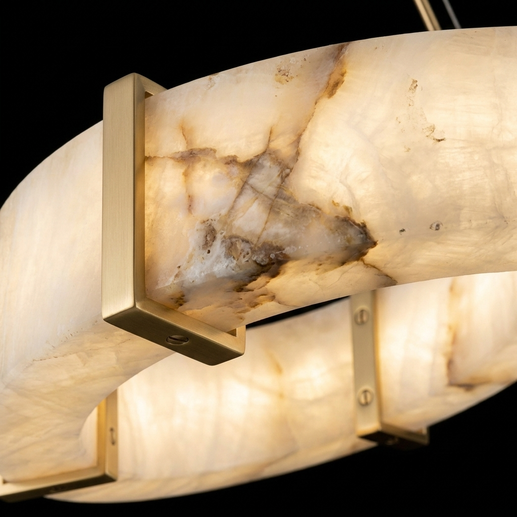 Alabaster Ring Chandelier stone texture and brass hardware detail