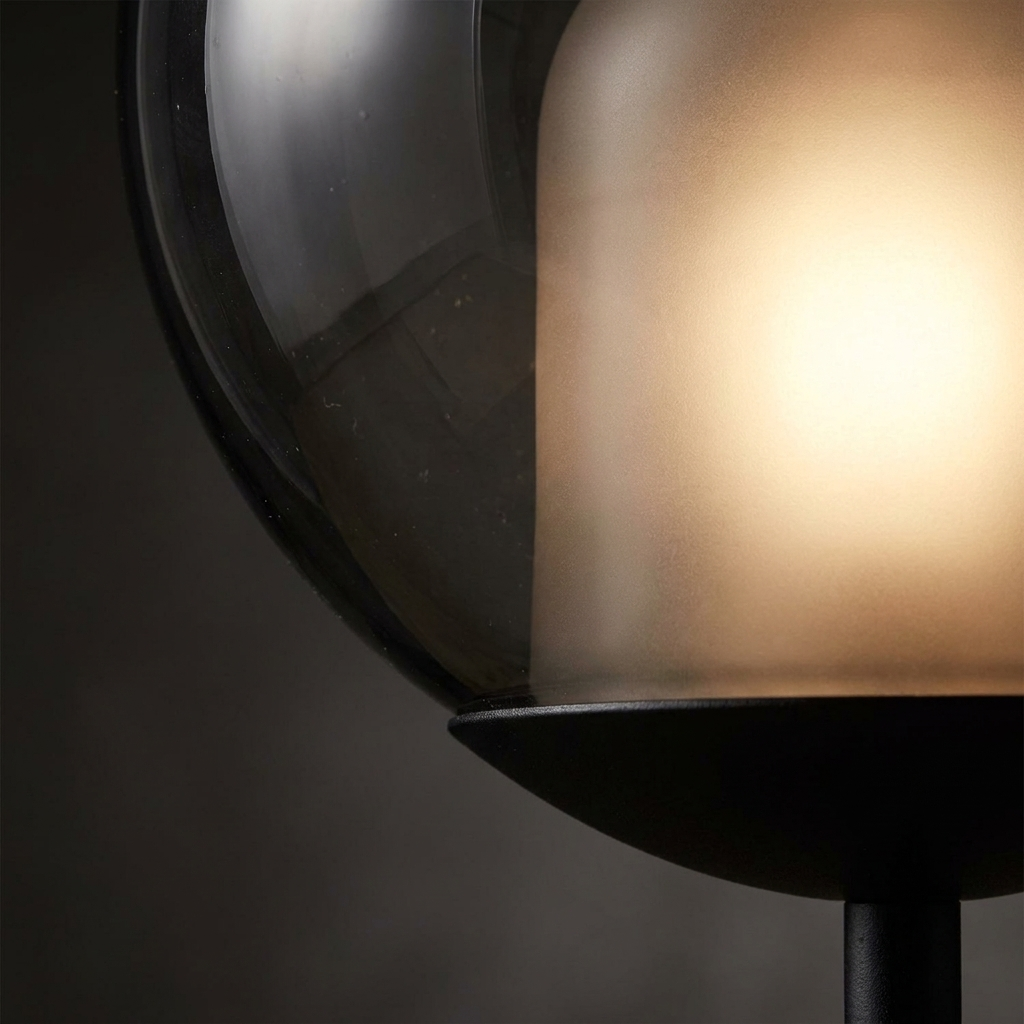 Smoked Glass Orb Table Lamp glass globe and matte black base detail