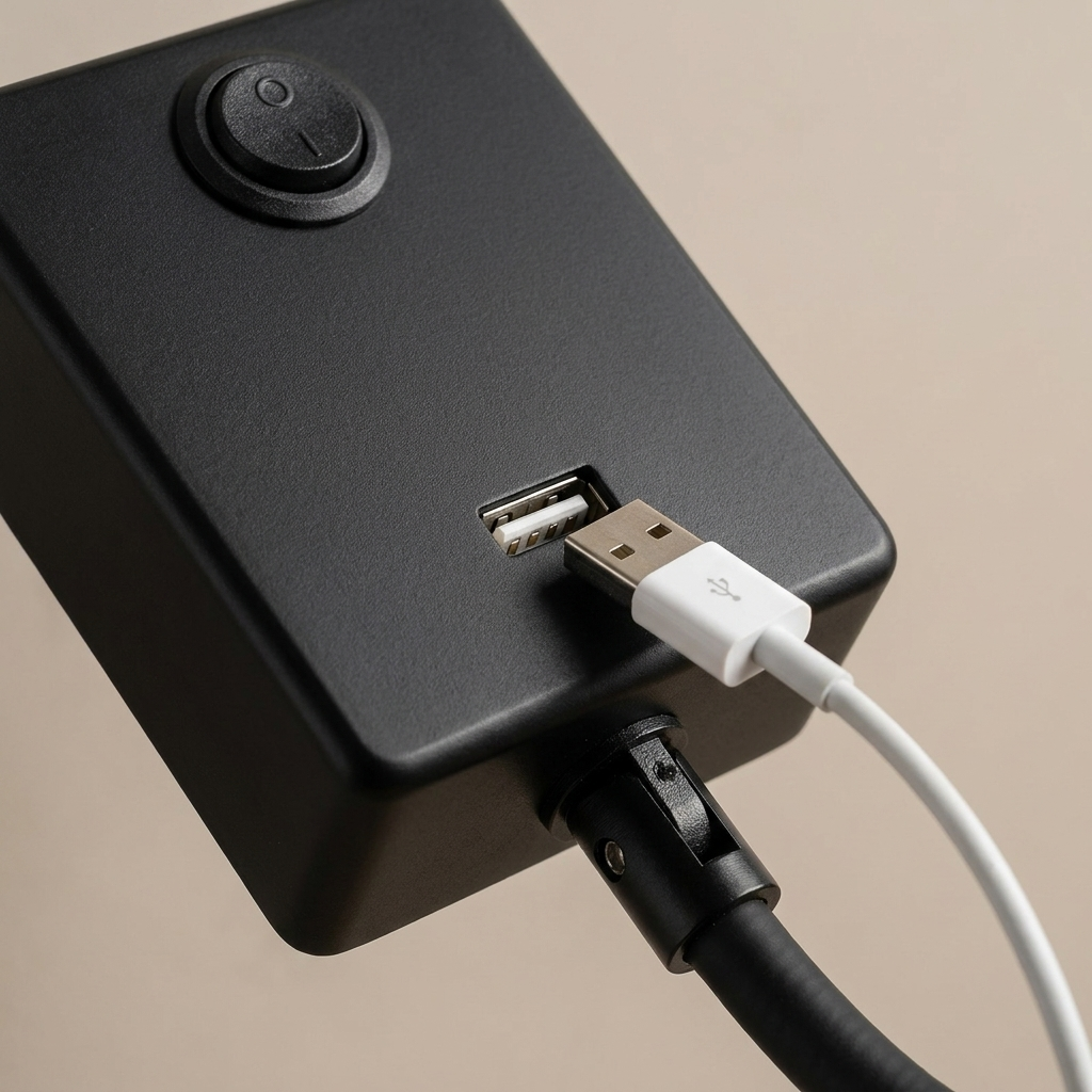 Bedside Reading Wall Light USB charging port and pivot joint detail