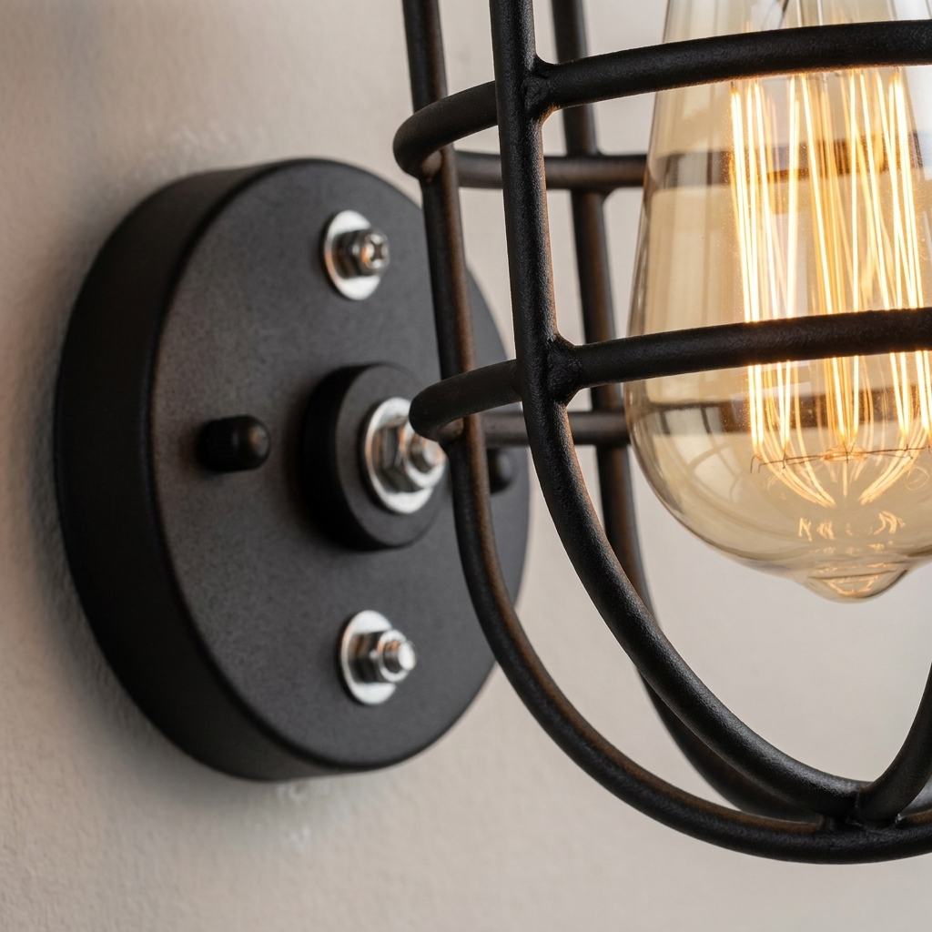 Farmhouse Wall Sconce black powder-coat cage and filament bulb detail