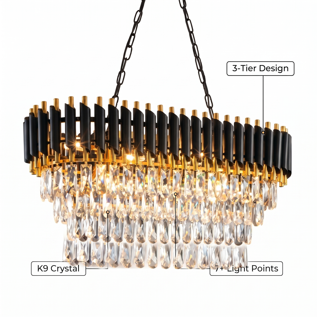 Crystal Chandelier | Black & Gold 3-Tier for Dining Room & Kitchen Island