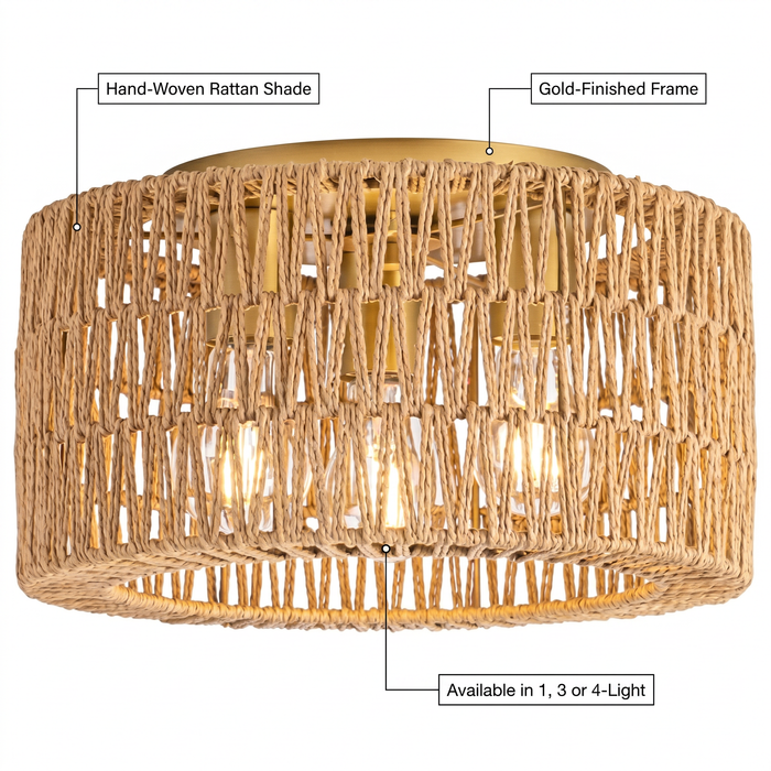 Rattan Flush Mount Ceiling Light | Woven Boho for Bedroom & Living Room