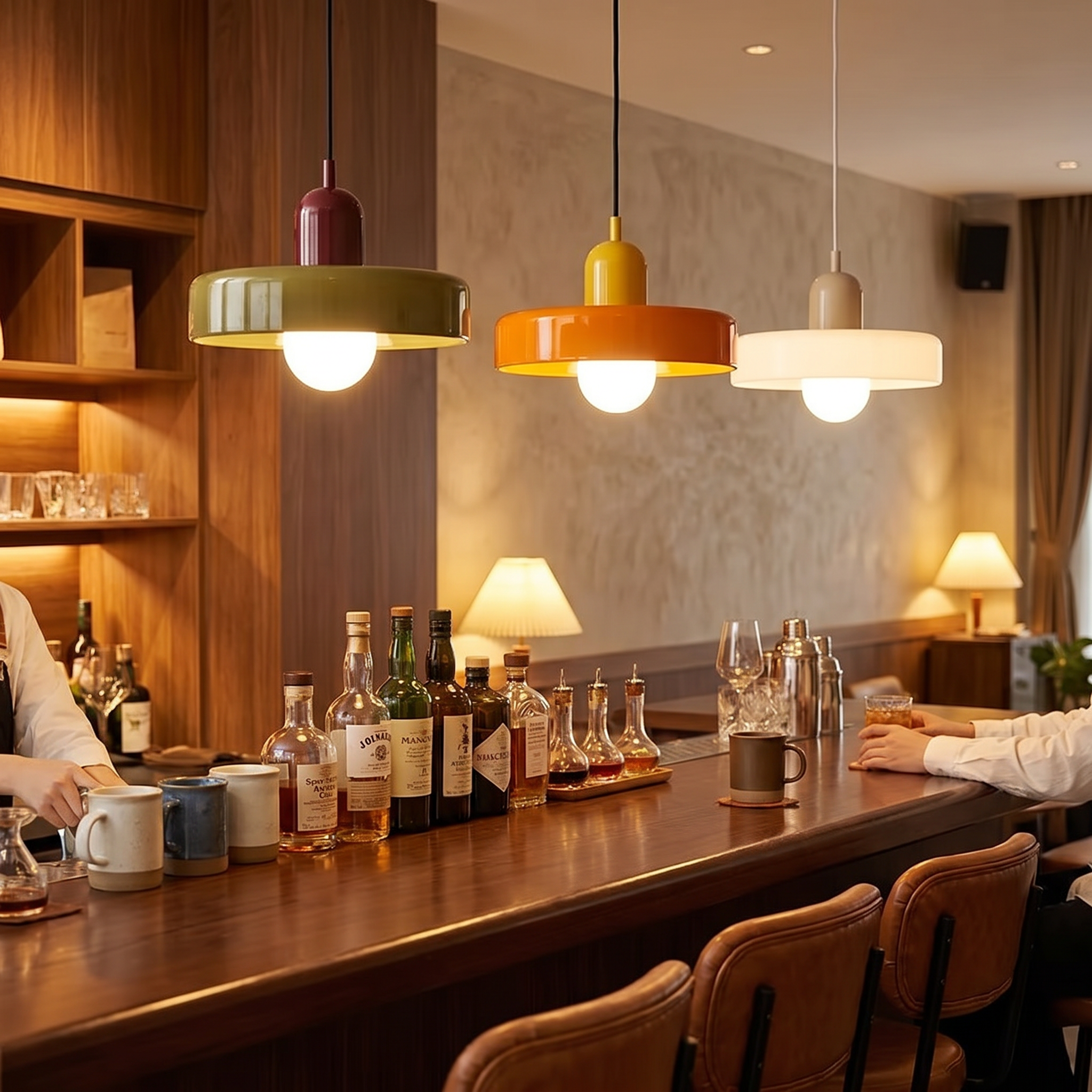 Colored Glass Pendant above bar counter