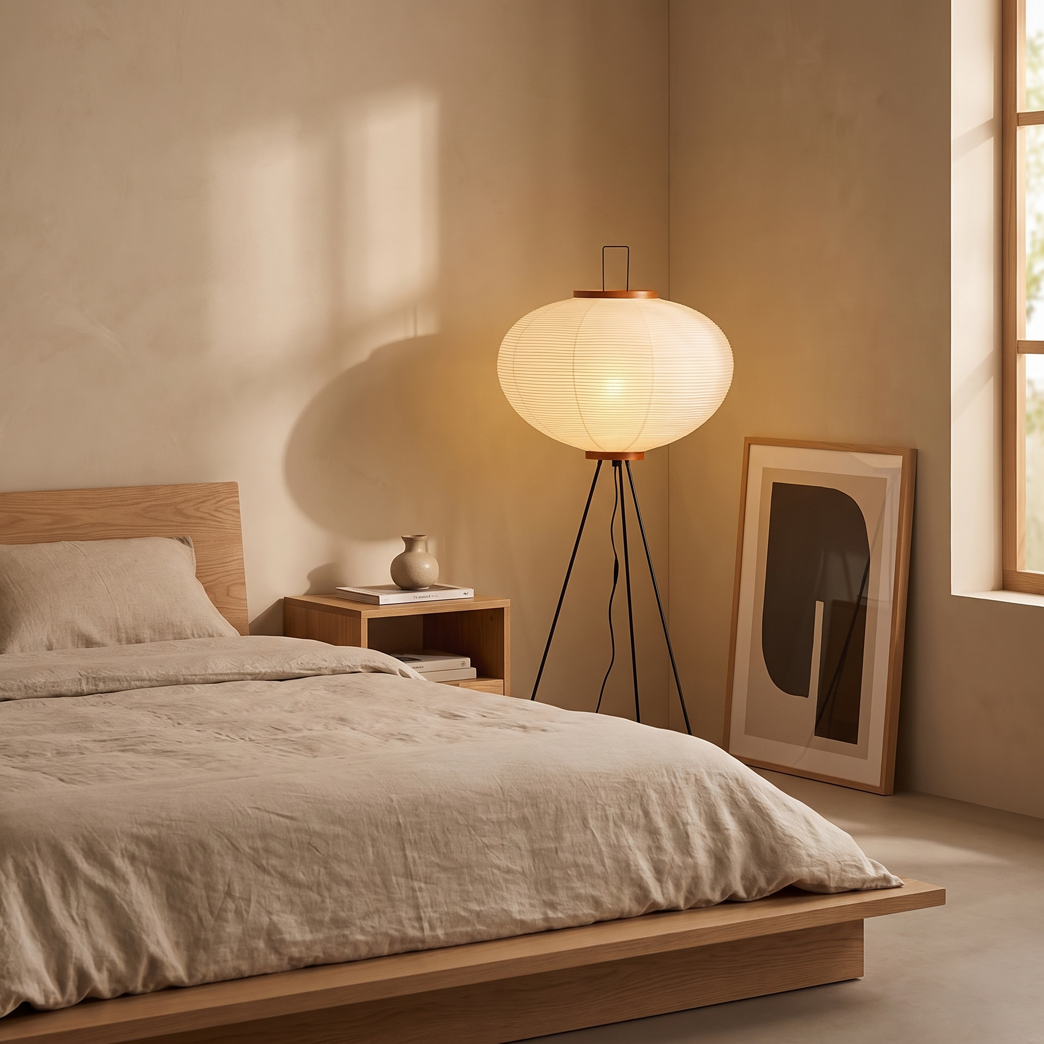 Rice Paper Floor Lamp in bedroom