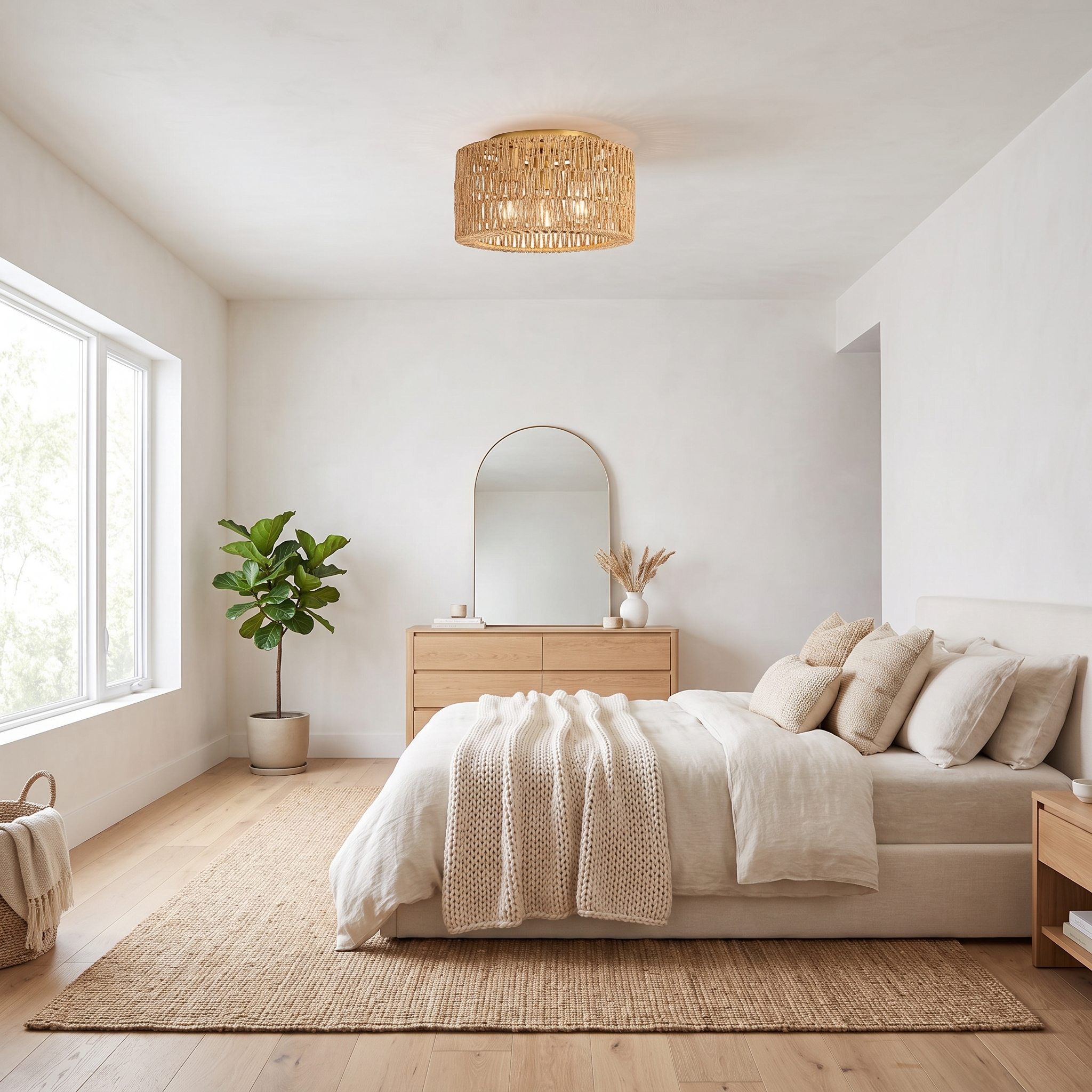 Rattan Ceiling Light in bright boho bedroom