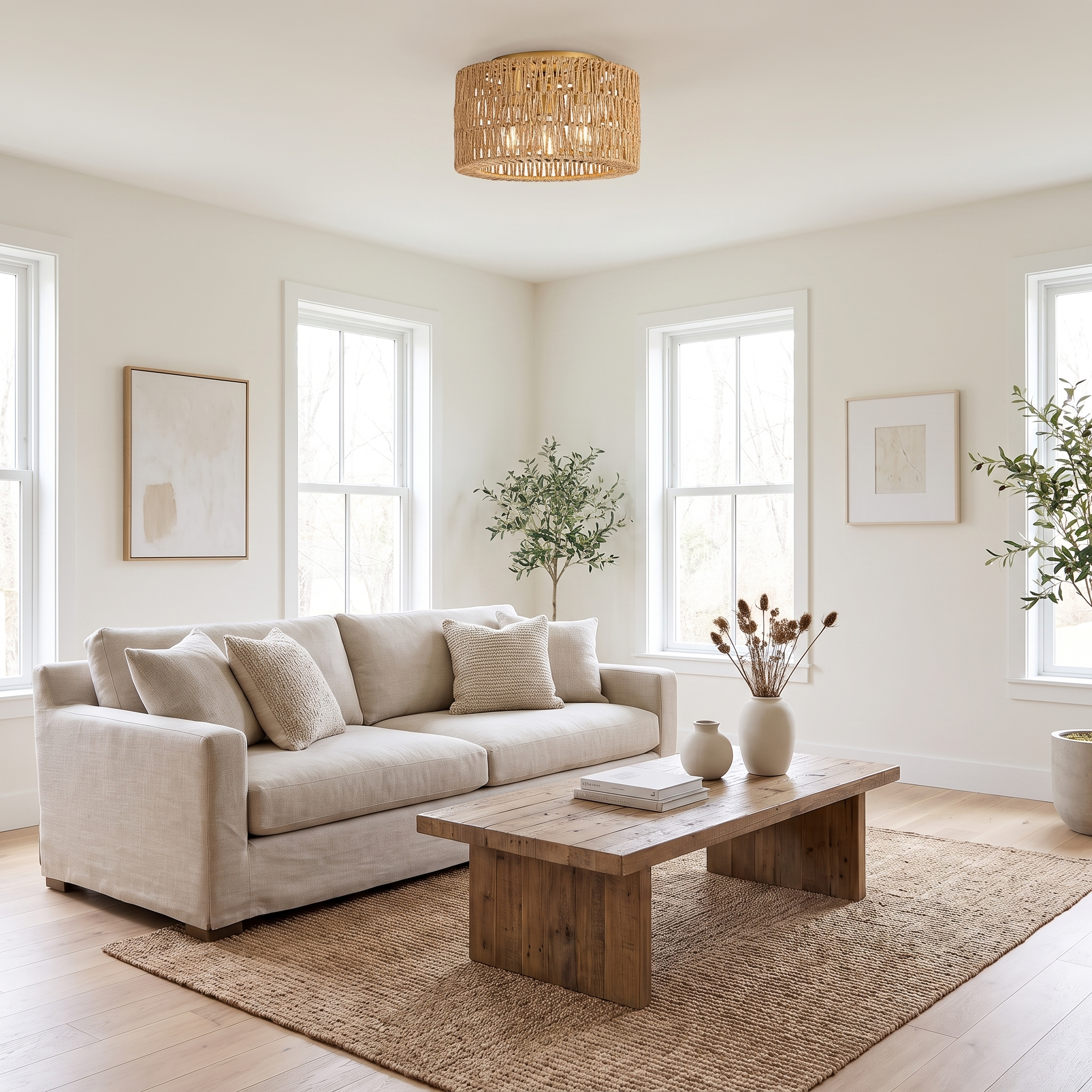 Rattan Ceiling Light in bright organic-modern living room
