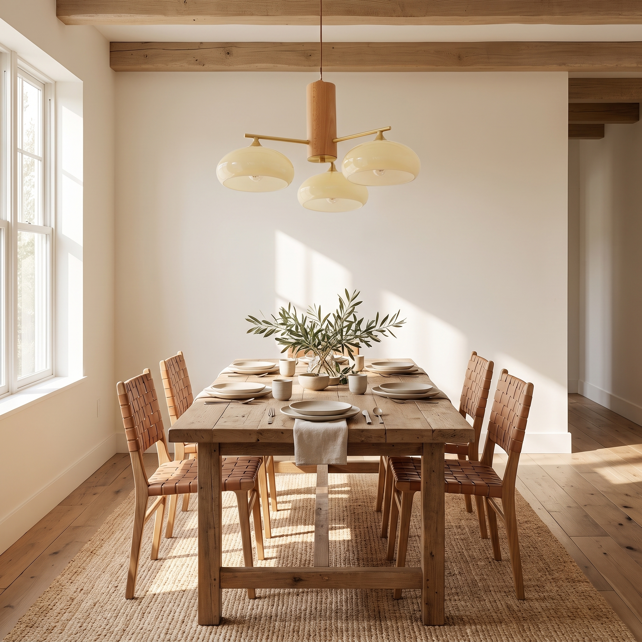 Copper Chandelier in bright farmhouse dining room