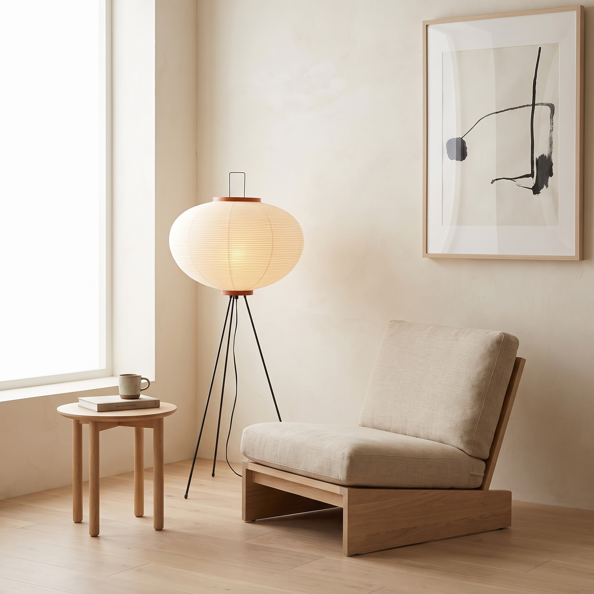Rice Paper Floor Lamp in bright Japandi living room