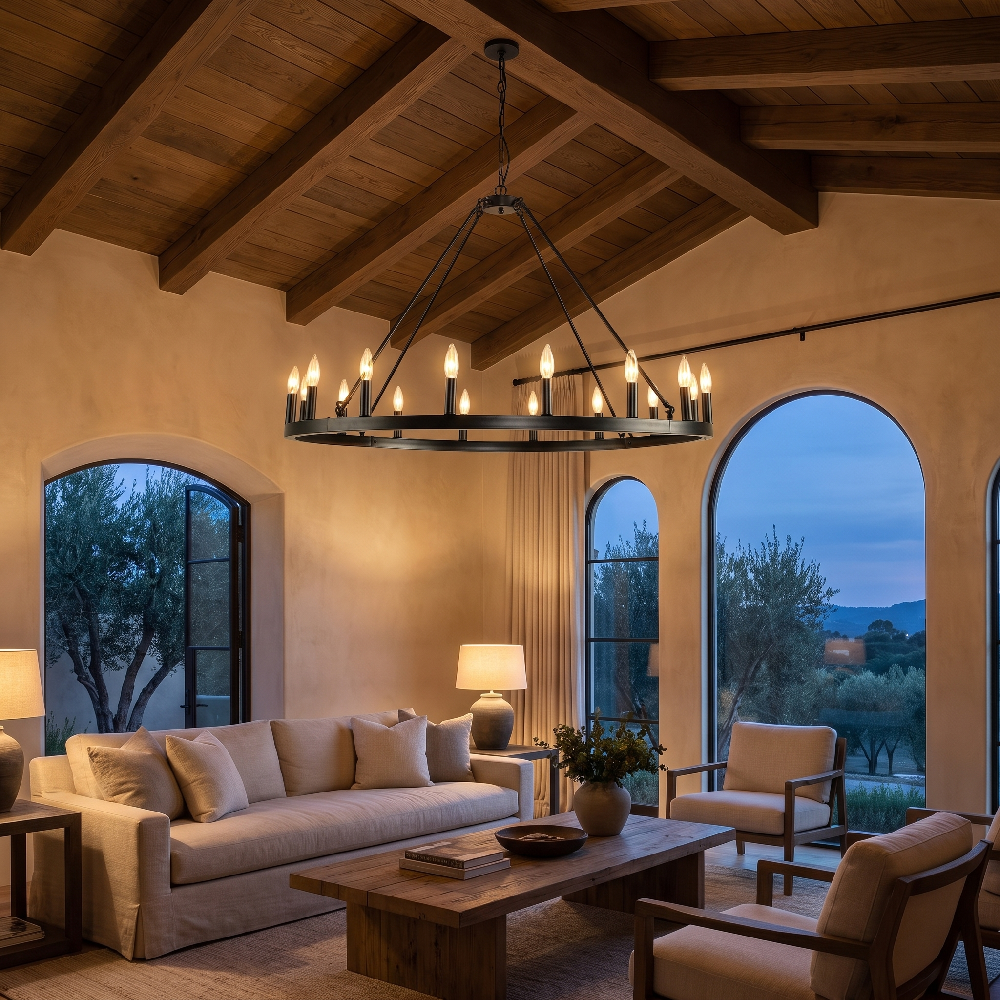 Wagon Wheel Chandelier premium evening Tuscan ambiance