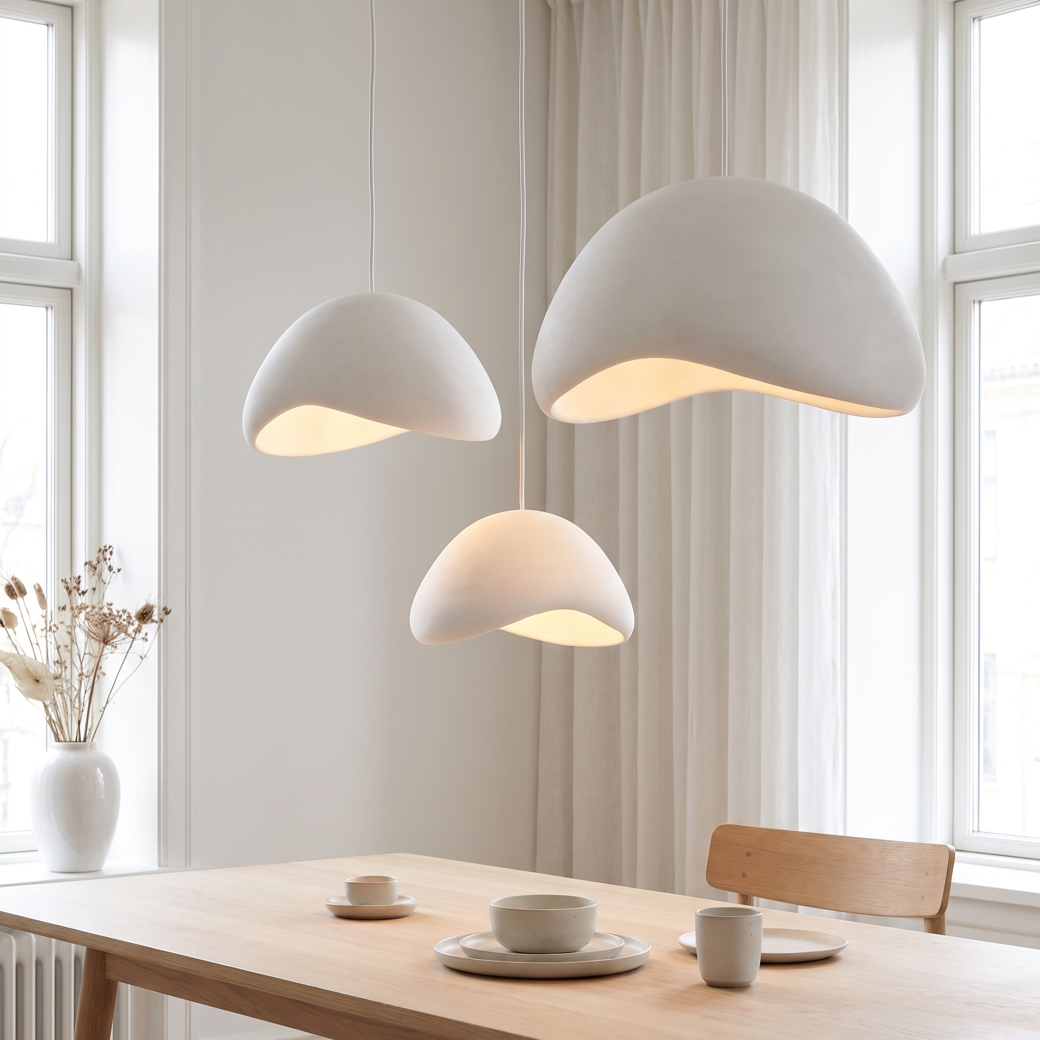 Woven Pendant Light White finish styled as a cluster of three over a Scandinavian dining table