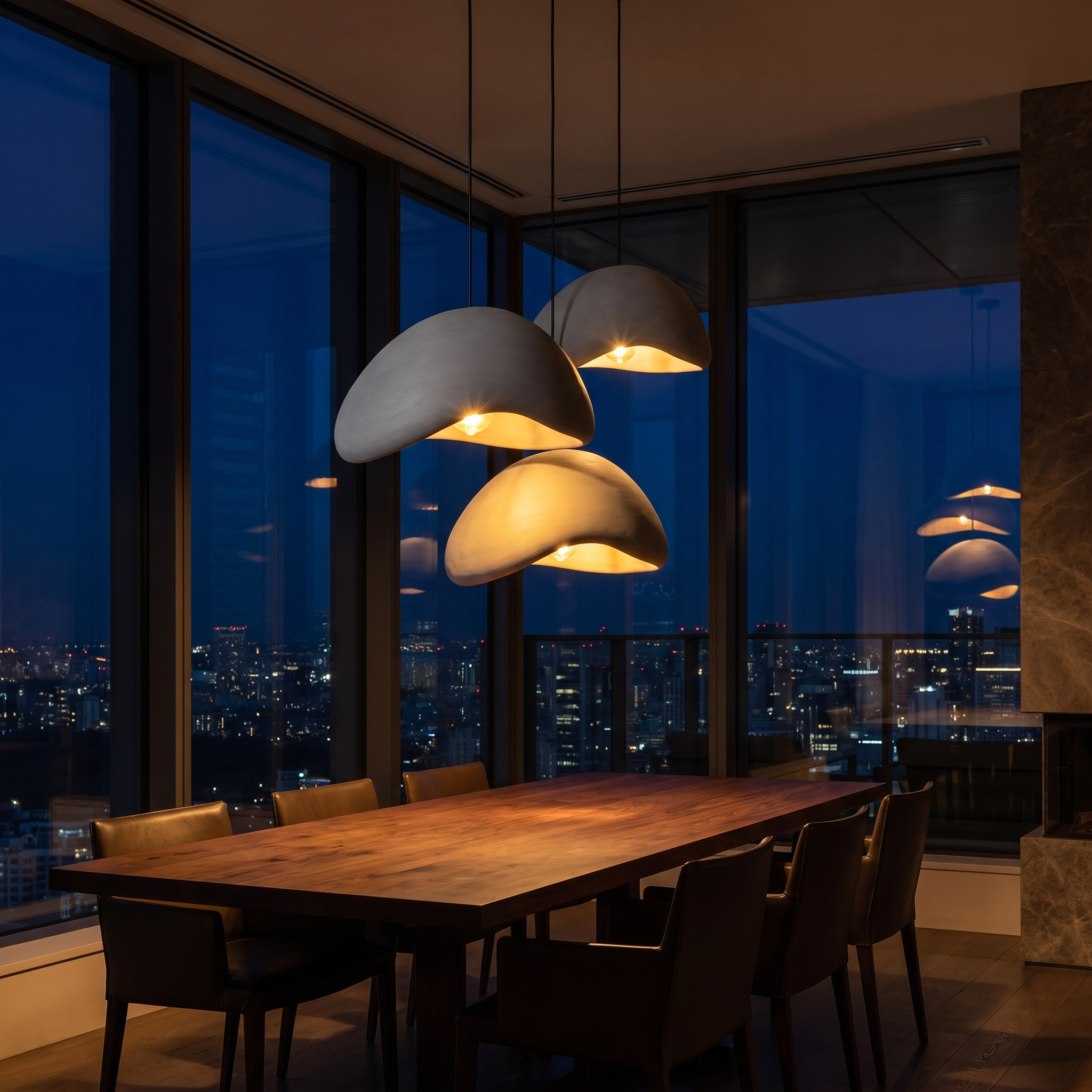 Woven Pendant Light cluster of three at night over a penthouse dining table with city skyline view