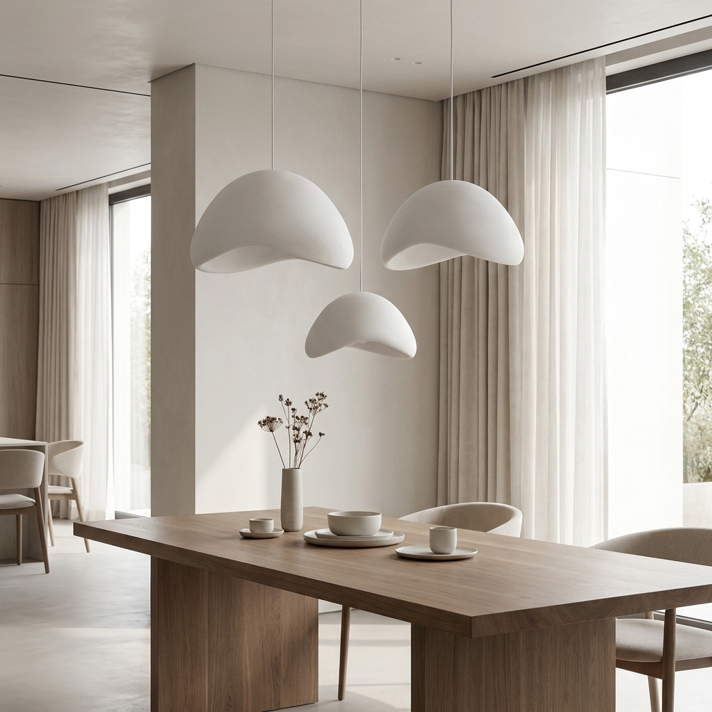 Modern minimalist dining room with a cluster of three white resin pendant lights at staggered heights