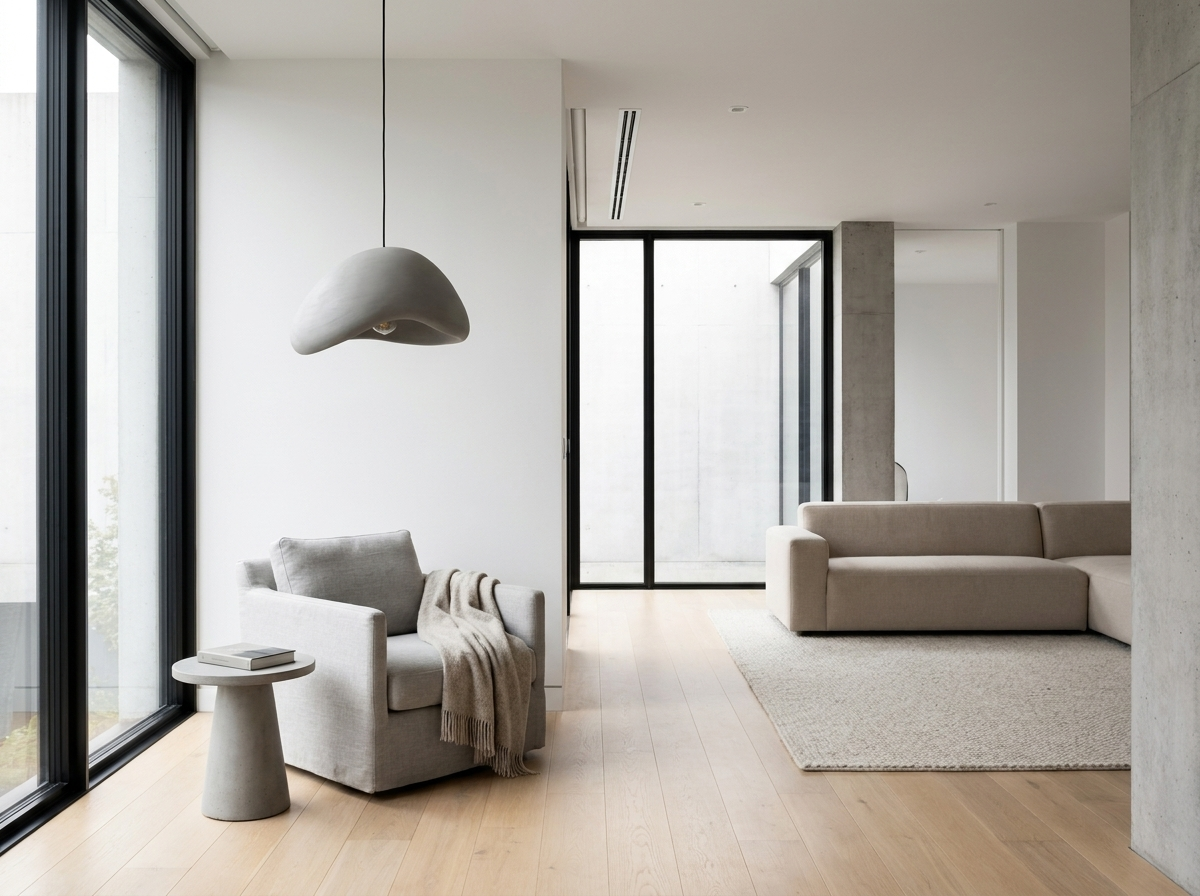 Grey resin pendant light in a bright modern minimalist living room reading nook