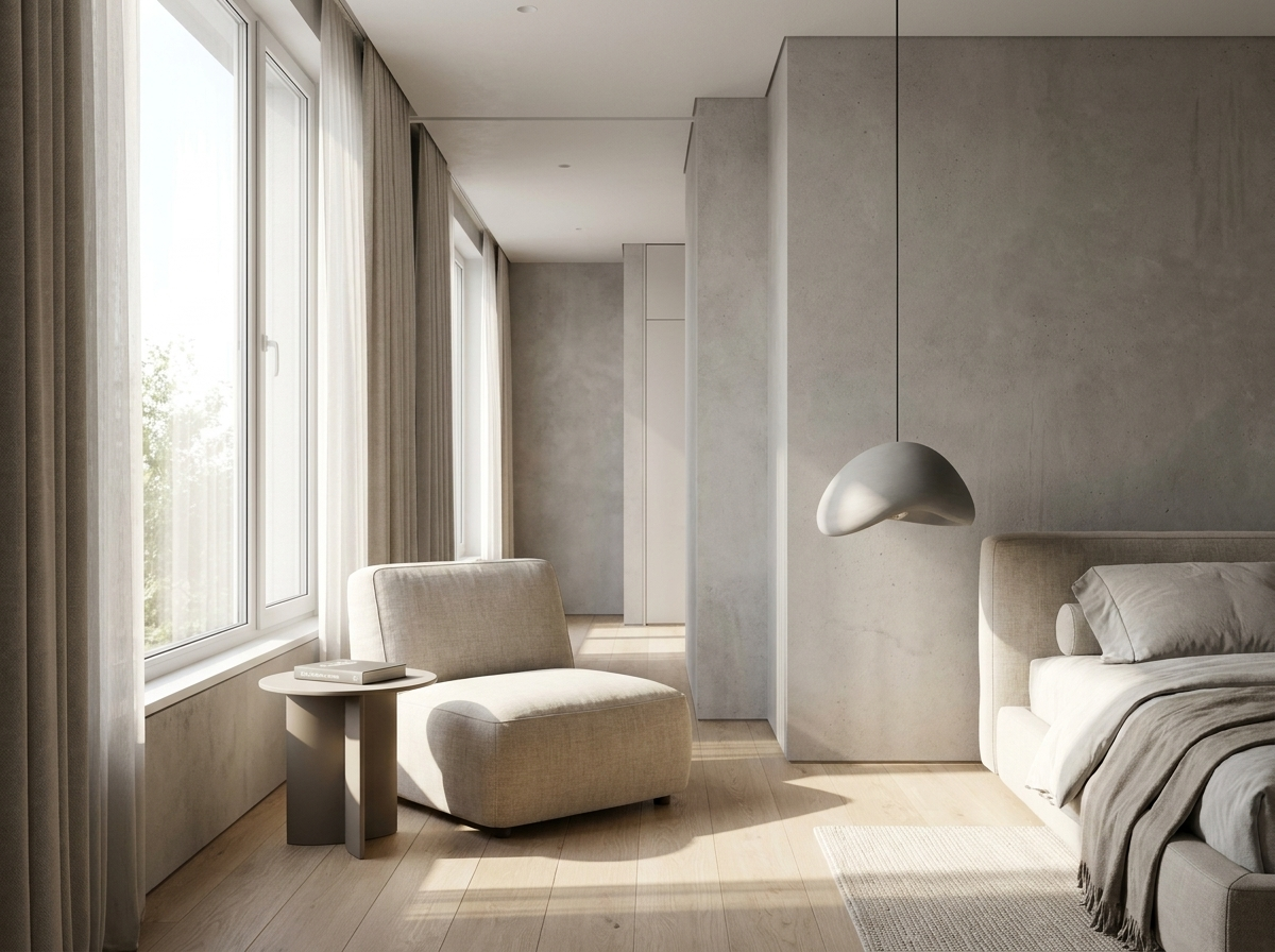 Grey resin pendant light in a bright modern minimalist bedroom reading nook