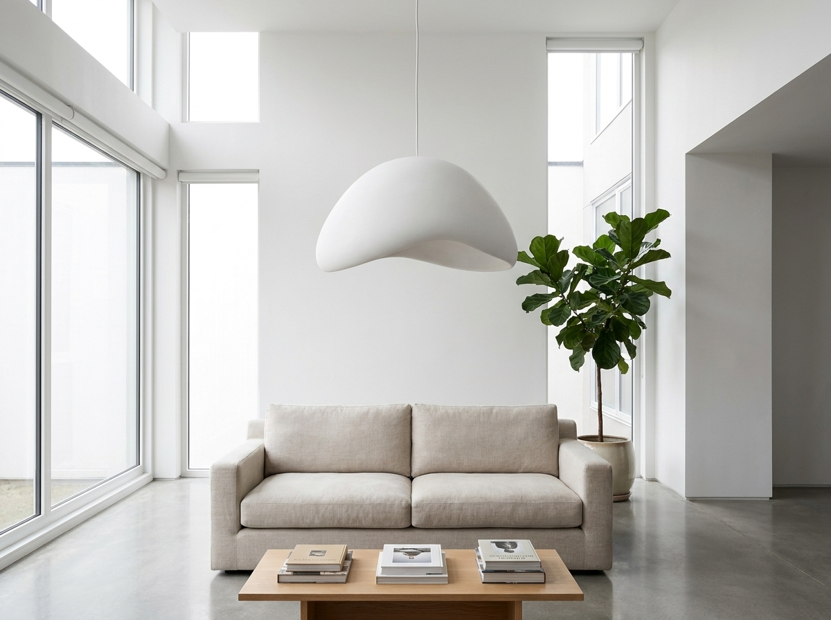 White resin pendant light in a bright modern minimalist living room corner