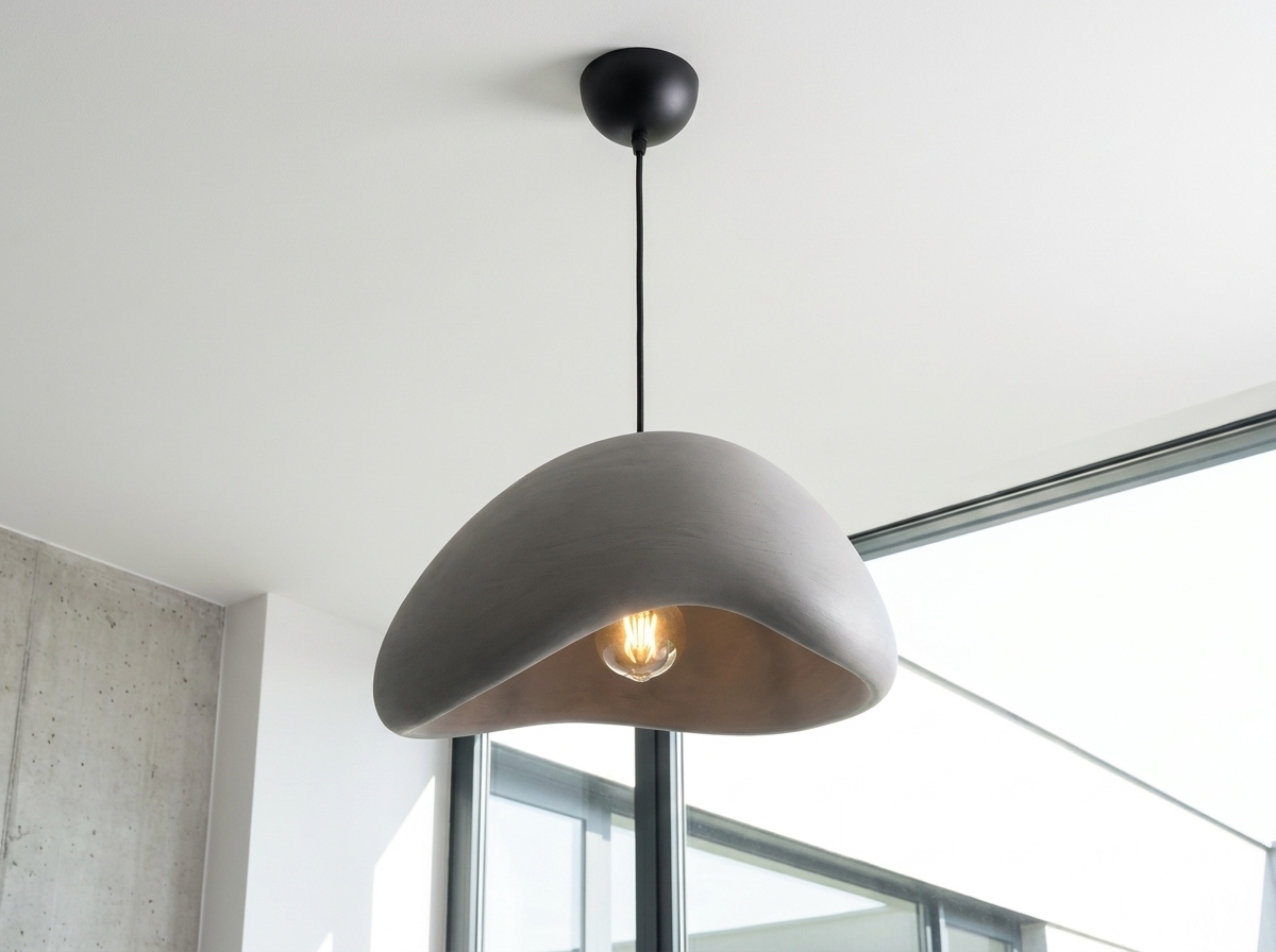 Installation perspective looking up at the grey pendant light ceiling mount and adjustable cord