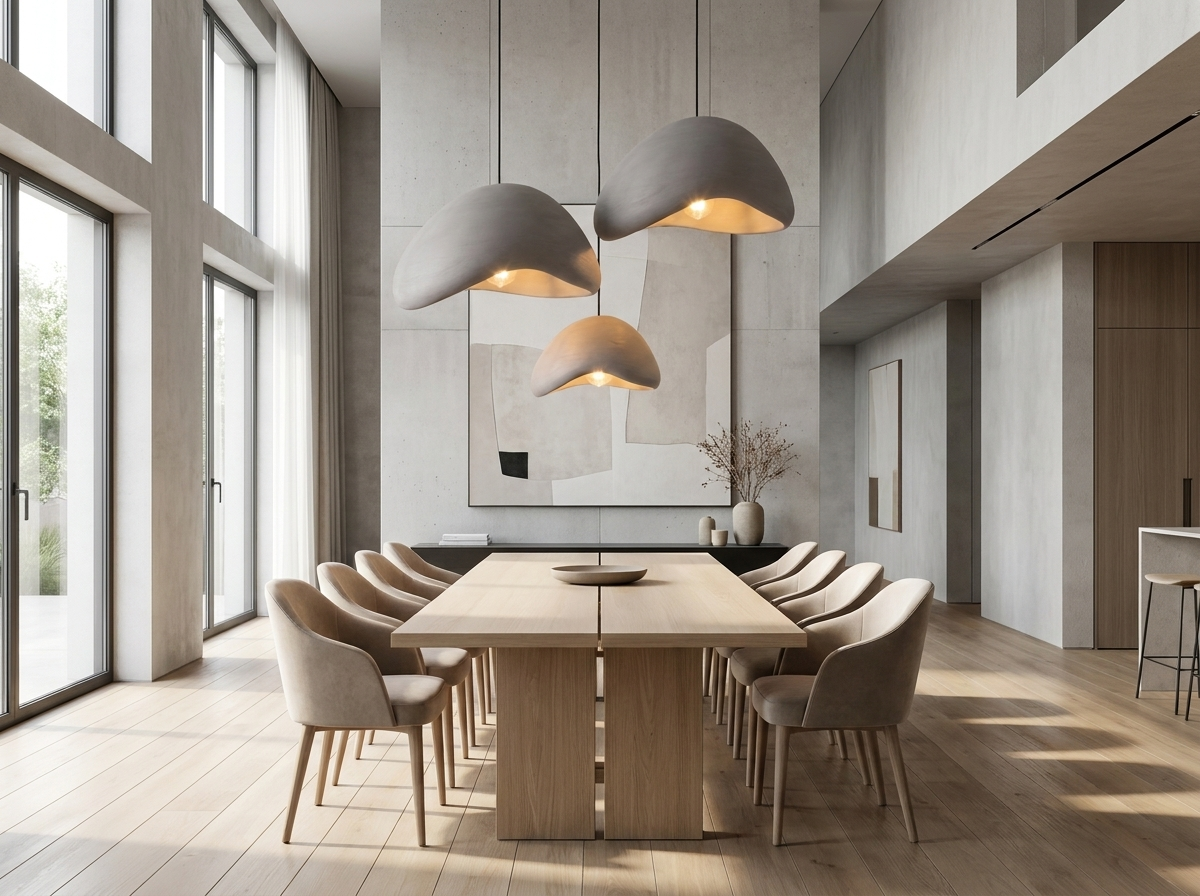 Wide view of three grey resin pendant lights clustered over a dining table in a modern minimalist dining room