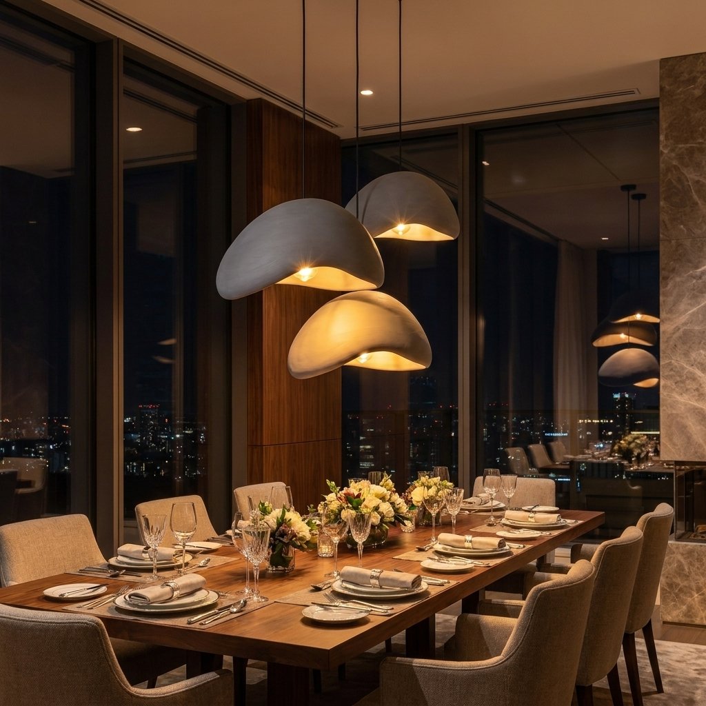 Cluster of three grey resin pendant lights glowing warmly over an elegant dinner party table at night