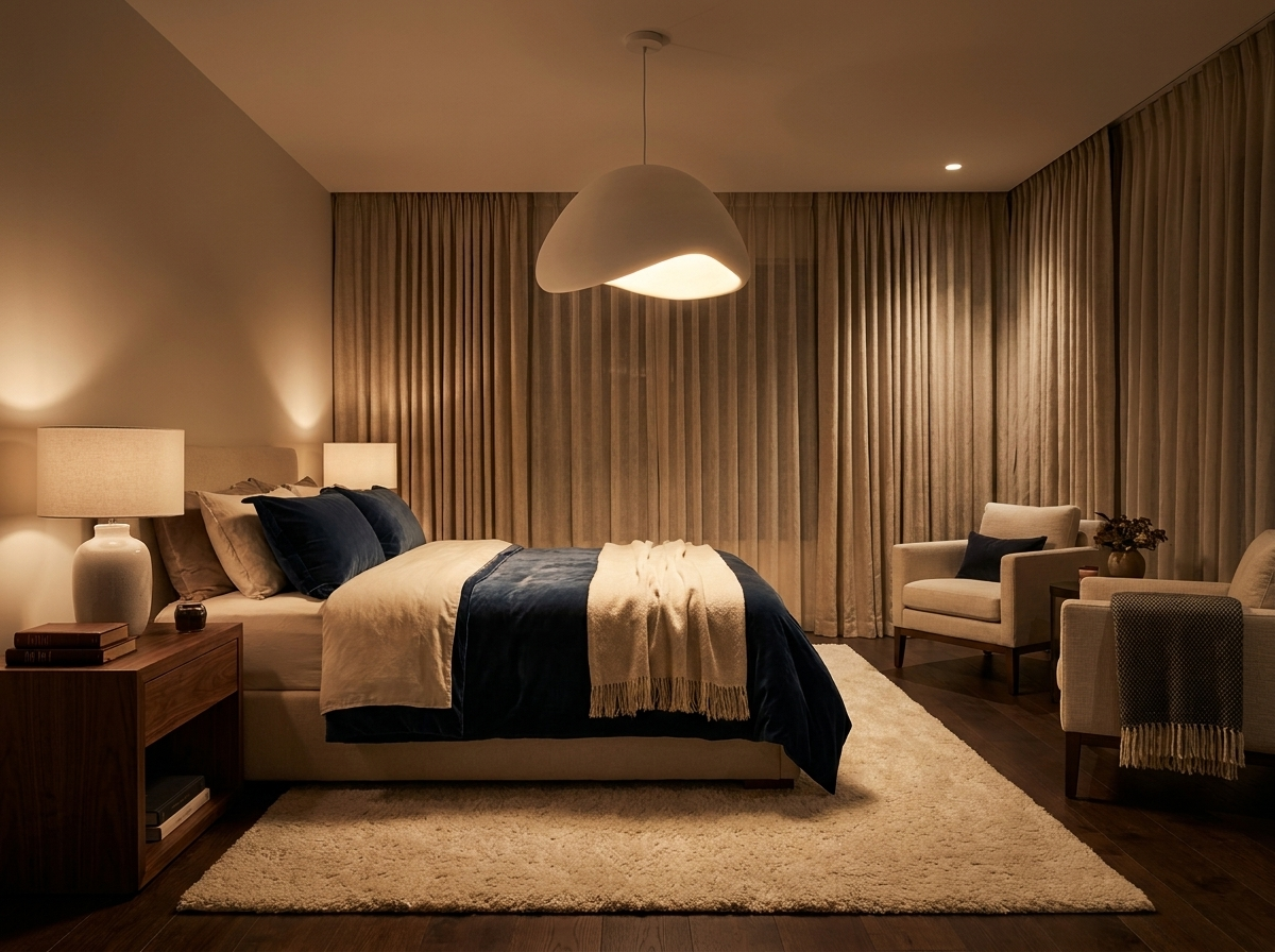 White resin pendant light glowing softly in an elegant upscale bedroom at night