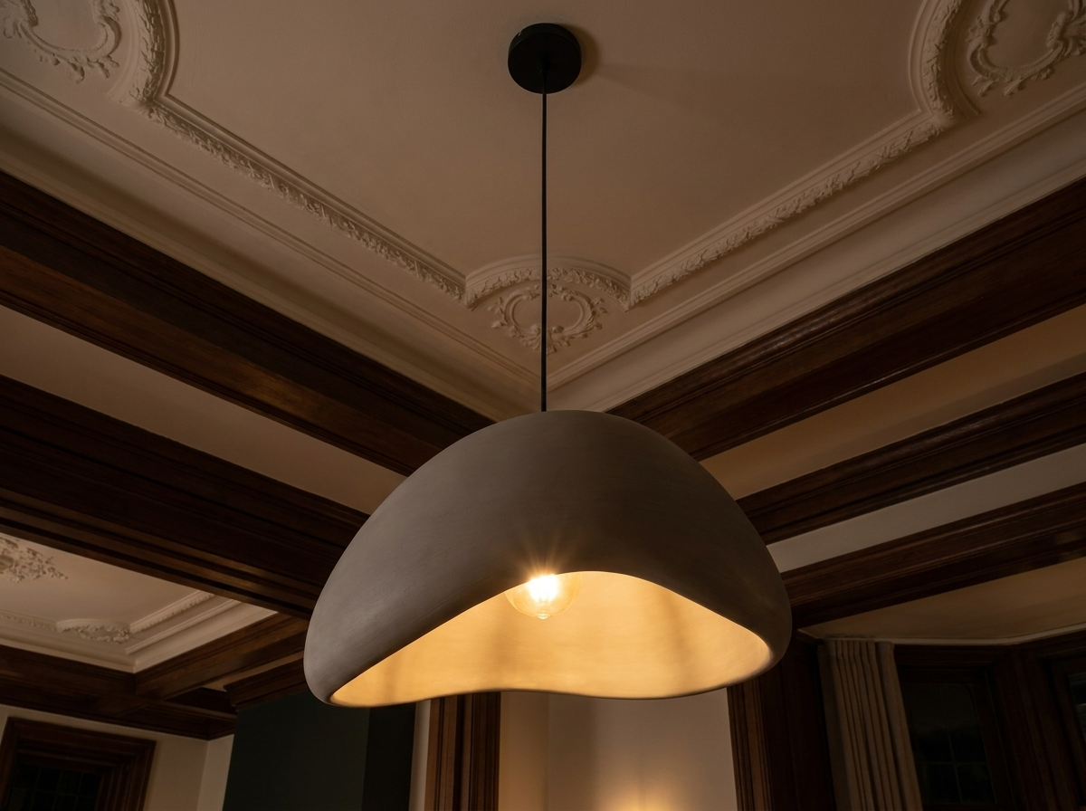 Installation perspective looking up at the grey pendant light ceiling mount at night