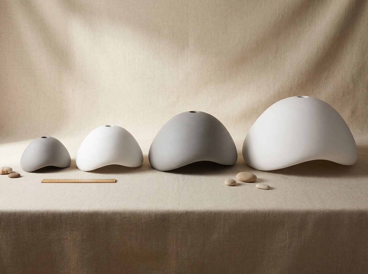 Four sizes of the resin pendant lamp shade shown side by side for scale, grey and white finishes