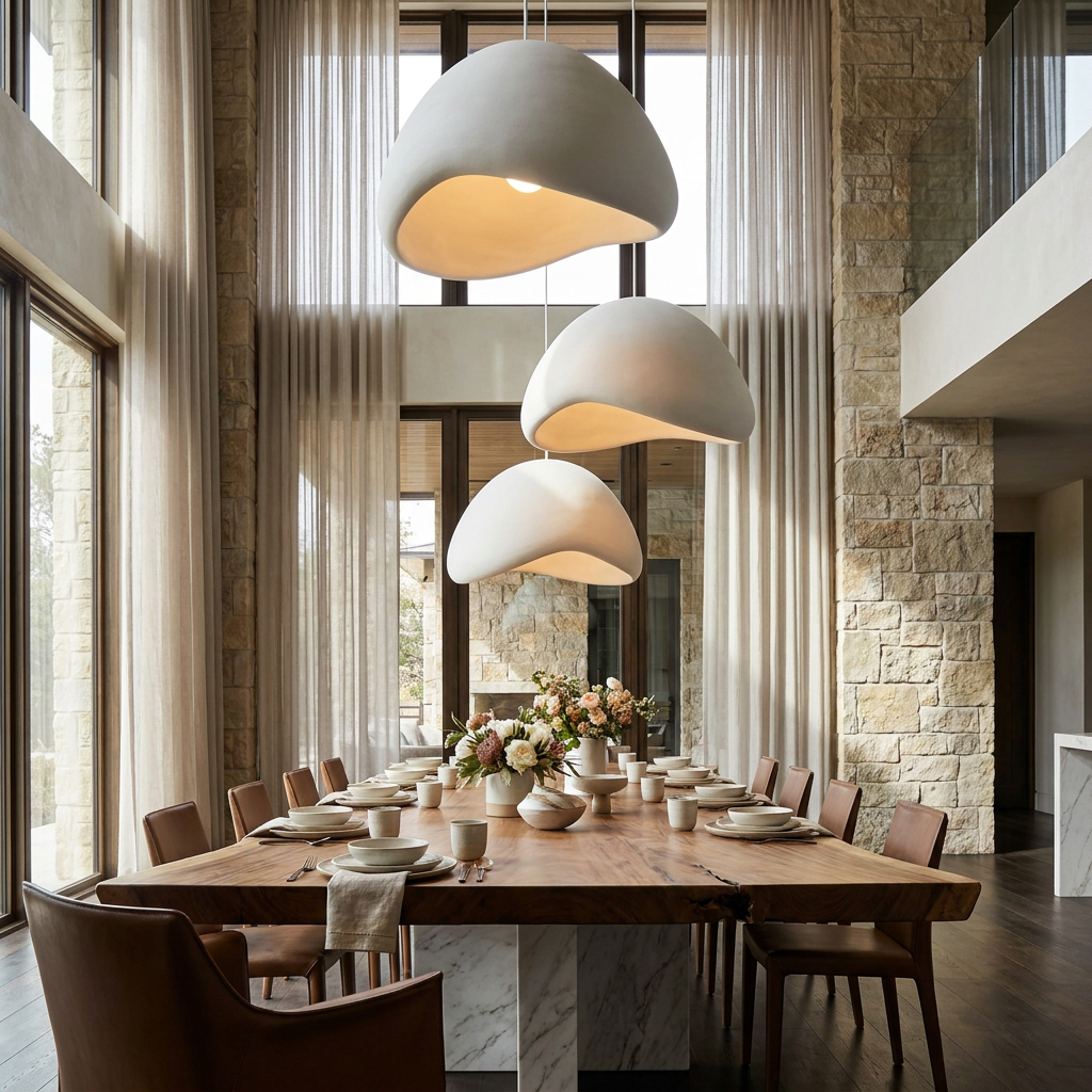 Cluster of three white sculptural resin pendant lights in a magazine-quality luxury dining room with high ceilings