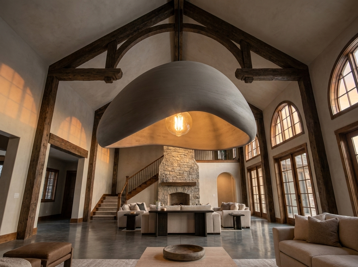 Grey resin pendant light in a soaring vaulted ceiling great room, architectural photography