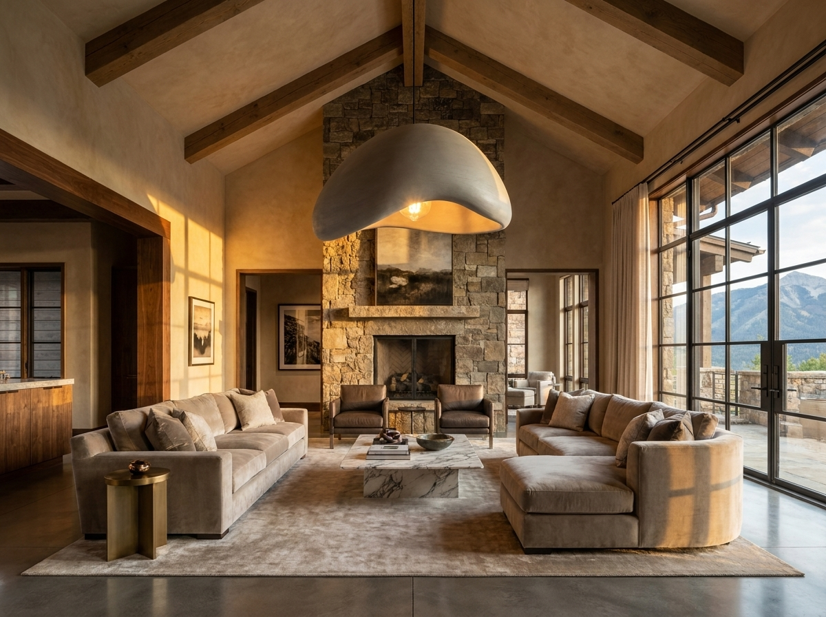 Grey resin pendant light in a soaring vaulted ceiling luxury living room, architectural photography