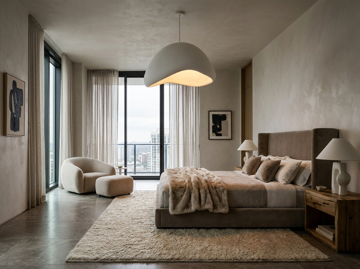 White resin pendant light in a magazine-quality luxury bedroom with designer furniture